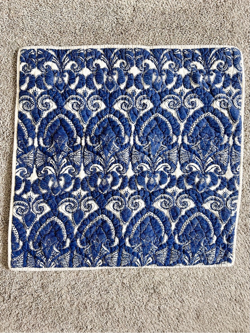Pottery Barn Emerson Quilted Pillow Sham Euro Blue White Damask Pattern